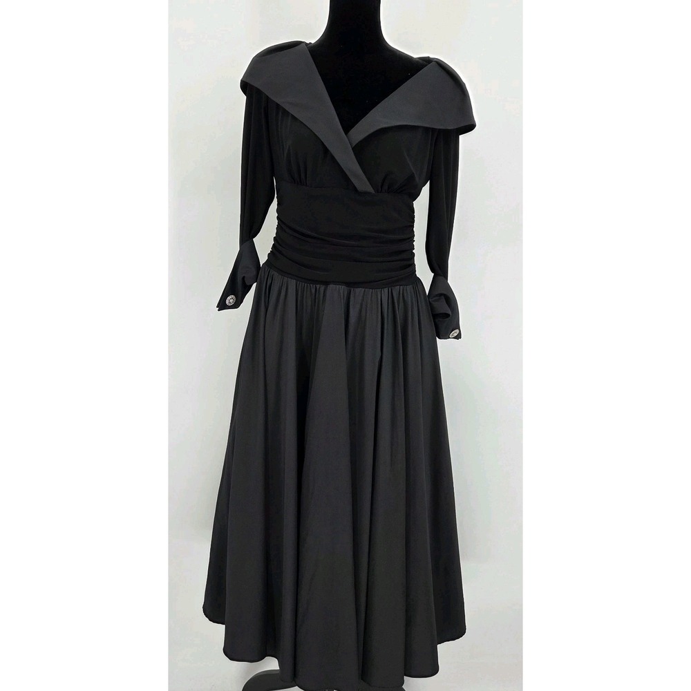 Joseph Ribkoff Black Formal Dress 8 Black Cuffed Sleeves Jeweled Buttons Gown